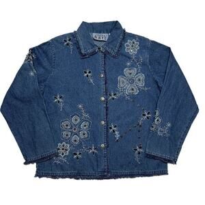Keren Hart Floral Embroidered Denim Jacket Vintage Y2K Women's Medium Bohemian